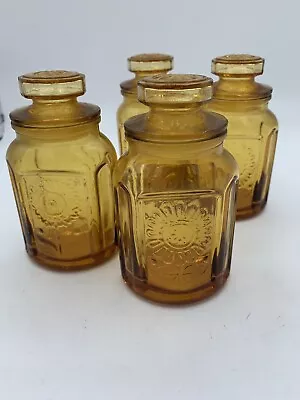 Buy Wheaton NJ Amber Glass Embossed Sunflower Canisters Jars Set Of 4 Vintage 1970s • 81.66£