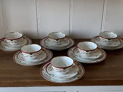 Buy 6 X Gerard Dufraisseix & Abbot Limoges Pink Roses Maroon Gold Band Tea Trios • 60£