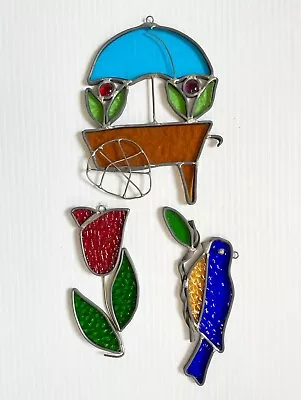 Buy Lot Of 3 Vintage Leaded Stained Glass Suncatchers- Birds Flowers Garden READ • 14.34£