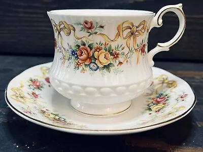 Buy Queens Rosina Bone China Teacup & Saucer Yellow Ribbon And Roses Embossed Cup • 18.93£