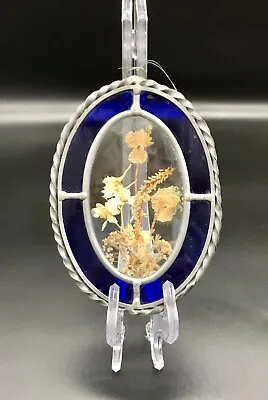 Buy Vintage Leaded Stained Glass Suncatcher Pressed Dried Flowers Blue Clear Hanging • 23.53£