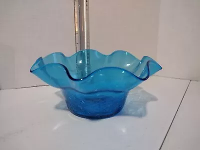 Buy Vintage Hand Blown Blenko Blue Crackle Glass Ruffled Bowl 7  • 57.83£