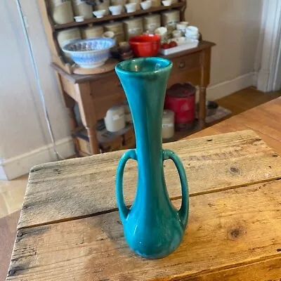 Buy Vintage Anglia Pottery Bluey-Green Slender Twin-Handled Vase – Great Colour! – • 7.99£