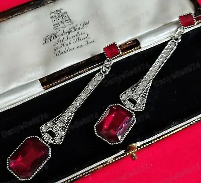 Buy Vintage Art Deco Style Geometric Red GLASS Crystal Large Drop Earrings Silver Pl • 9.95£