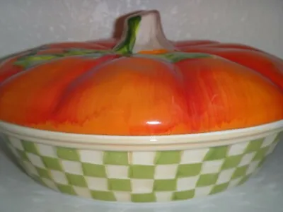 Buy Savinio Orange Pumpkin Pottery Ceramic Serving Dish Green Plaid Bowl & Lid 9  D • 33.61£
