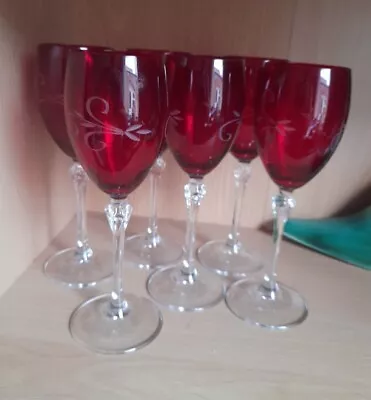 Buy Set Of Six Beautiful Cranberry Glass Wine Glasses Bohemian  • 2.99£