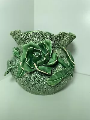 Buy Vintage Majolica Pottery Medium Vase Sand Glaze Ruffled Edge Green Rose • 9.99£