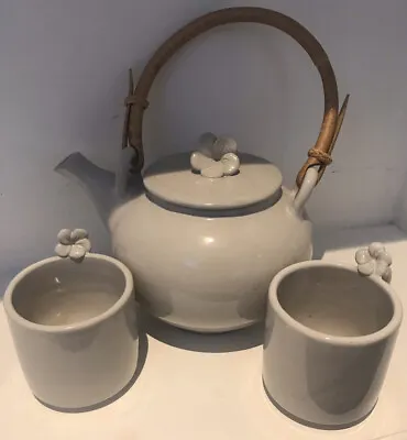 Buy Handmade Bamboo Handle  Tea Set Teapot Flower Lid & 4 Tea Mugs Cups  Flower New • 20£