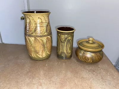 Buy Set Of 3 Vintage Hand Thrown Pottery Alvingham Art Studio Vases Trinket Box Lid • 57.77£