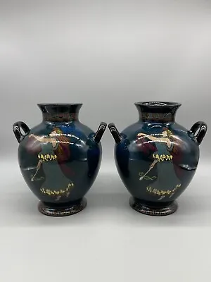 Buy NEAR PAIR CANNING DECORO ART POTTERY VASES WITH ART NOUVEAU FIGURES 19.5cm High • 75£
