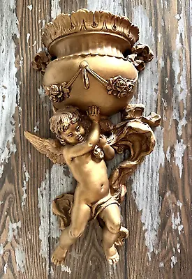 Buy Homco Hollywood Regency Gold Cherub Angel MCM Floral Wall Pocket Vase Art VTG • 28.57£