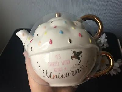 Buy UNICORN Tea For One Teapot Porcelain White/Gold & Dots China Tea Cup With Teapot • 9.99£