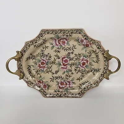 Buy Antique Floral Ceramic Tray Metal Handle Crackle Glazed Chintz Country Home • 50£