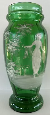 Buy Antique Mary Gregory Vase 11.75  Green White Enamel Silhouette Victorian Woman • 132.82£