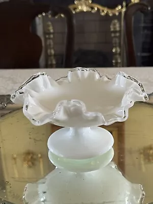 Buy Fenton White Milk Glass Ruffled Crimped Rim Bowl Silver Crest Style VINTAGE • 26.96£