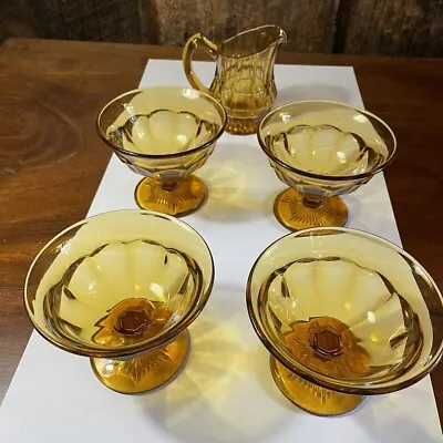 Buy 4 Lovely Retro Vintage Amber Glass Footed Sundae Dishes With Cream Jug VGC • 8.50£