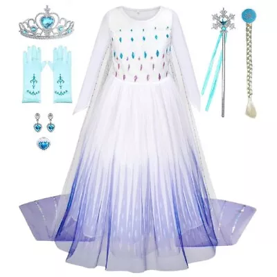 Buy Princess Elsa 2 Dress Set Girl Party Costume Fancy Outfit Crown Wand Glove WHITE • 16.99£