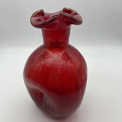 Buy Vintage Red Crackle Glass Pinch Ruffle Mid Century Modern Vase • 33.19£