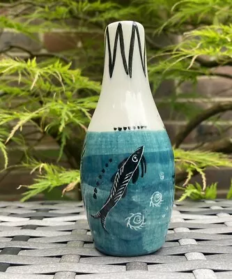 Buy Australian Pottery Vase Stunning ‘Elke’ Fish Crab Teal Cream Black Bud Vase • 12.99£
