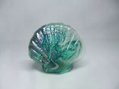 Buy Okra Art Paperweight Studio Glass Iridescent Green Purple Shell With Sticker • 74.99£