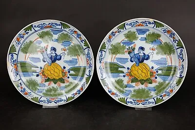 Buy 2 Lovely Antique Delft Ware Polychrome Pancake Plates With Ladies, 19th Century • 689.11£