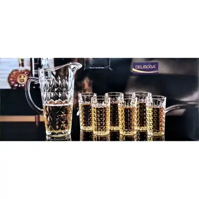 Buy 7 Piece Glassware Set Water Jug Pitcher & 6 Glasses Tumbler Juice Crystal Effect • 18.95£