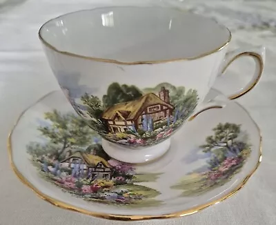 Buy Royal Vale 7382 Cottage Scene, Scalloped, Gold Trim Tea Cup & Saucer • 8£
