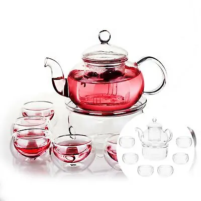 Buy Teapot Set Borosilicate Glass Flower Heat Proof Ornament Filtering Teacups • 31.58£