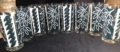 Buy 8 Vintage Teal Green & White Leaf Panel Glass Tumblers Bar Ware • 46.48£