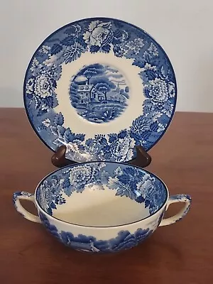 Buy X WOODS WARE Enoch Blue White ENGLISH SCENERY 2 Handled Bouillon Soup CUP SAUCER • 24.02£