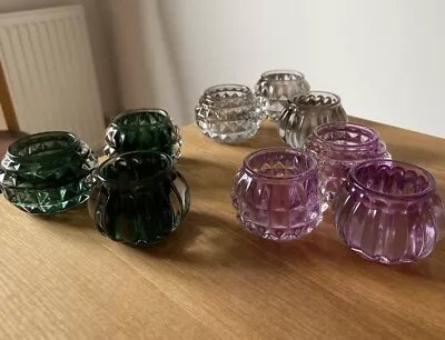 Buy Faceted Glass Tealight Holders. Nine Mixed Colours; Green, Clear And Purple • 8£