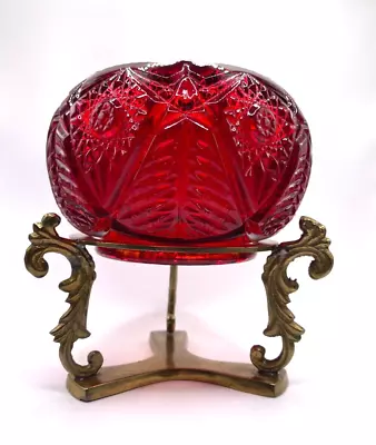 Buy Vintage Westmoreland Ruby Red Amberina Rose Bowl Scalloped Rim & Brass Holder • 42.69£