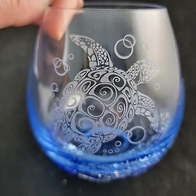 Buy Wine Brandy Drinking Glass Etched Sea Turtle Blue Crackle Bottom Set 4 • 45.51£