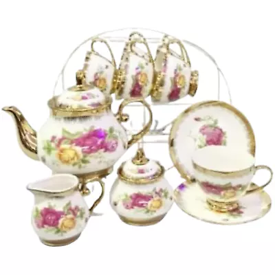 Buy Royal Vintage Bone China 17pc Tea Set Cups,Saucers,Tea Pot,Sugar Pot,Creamer,Sta • 46.99£