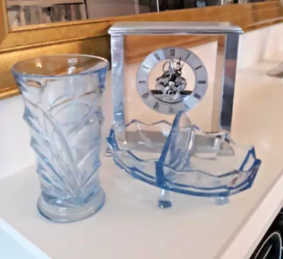 Buy Vintage Art Deco Bagley Electric Blue Osprey Vase & Pressed Glass Divided Dish • 12.95£
