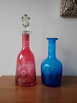 Buy Vintage Cranberry And Blue Glass Decanters • 30£