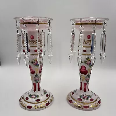 Buy BOHEMIAN CZECH Glass White Overlay Cut To Red Candlesticks Hand Painted 11” • 308.33£