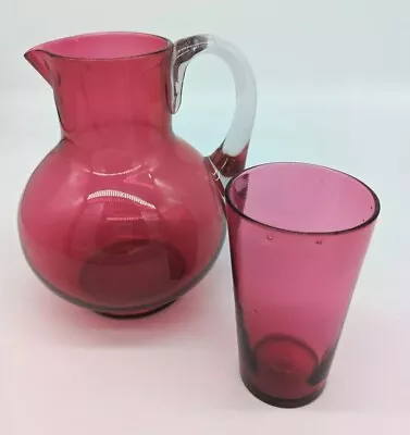 Buy Antique Vintage Cranberry Water Milk Cream Jar Jug With Small Goblet Beaker • 25£