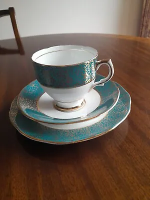 Buy Salisbury Bone China Turquoise & Gold Trio Cup Saucer & Tea Plate • 5.99£