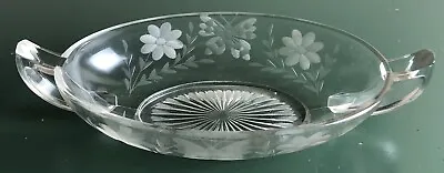 Buy 1930s Depression Glass Footed Oval Handled Bowl Wheel Cut Butterfly & Flower • 9.54£