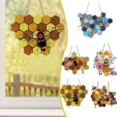 Buy Bee Honeycomb Honey Hanging Honeycomb Wall Hanging Suncatcher Glass-Stained H9A0 • 3.49£