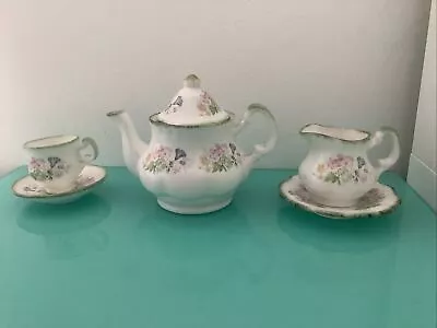 Buy Set Of Royal England China MINI Tea Pot, Cup, Saucer, Jug/pitcher. Floral, Green • 4£