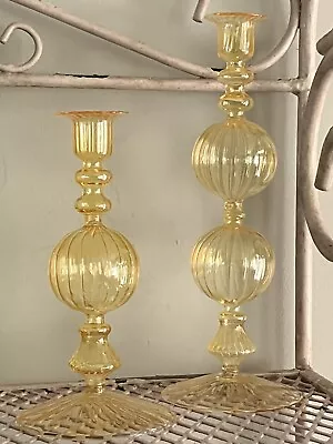 Buy Vintage Venetian Murano? Glass Candlestick Holders Yellow/Amber • 56.85£