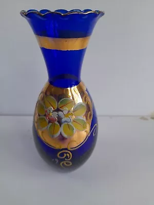Buy Bohemian Glass Vase Embossed Cobalt Blue Gilded • 4£