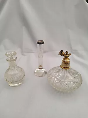 Buy 2 X Vintage Cut Glass Scent Bottles Plus Small Bud Vase With Silver Collar • 7£
