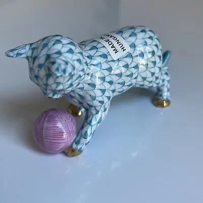 Buy Herend With 24K Gold Accents #15833 Cat Blue With Pink Ball Handpainted Mint • 308.33£