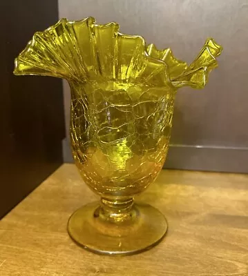 Buy Blenko Jonquil Yellow Footed Vase Ruffled Cracked Glass 8  Vintage #388 Glows • 86.31£