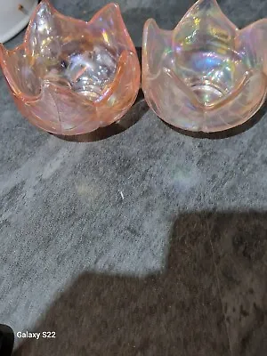 Buy Pair Of Vintage Art Glass Iridescent Pink Bowls/candle Holders. 10cm. • 15£