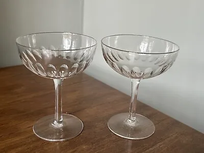 Buy 2 X ANTIQUE Edwardian Cut Glass Crystal Lens Cut Champagne Glasses Coupes (2) • 35£