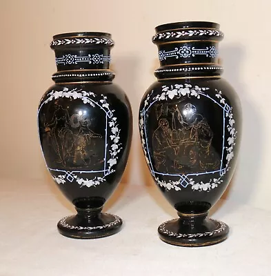 Buy Pair Of 2 Antique Handmade Bohemian Enameled Black Amethyst Glass Etched Vases  • 259.33£